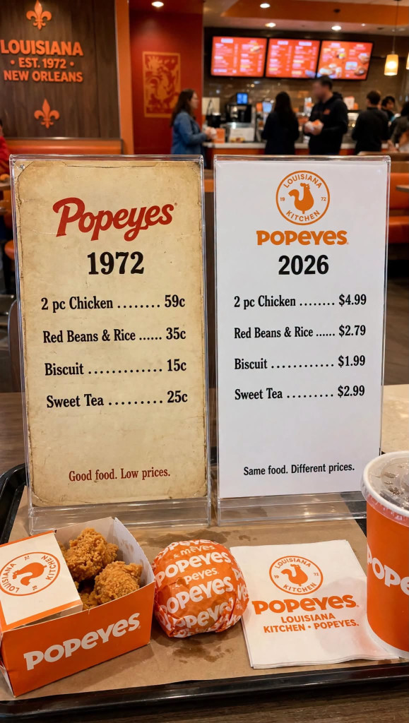 vývoj ceny menu Popeyes se třemi kousky kuřete v čase