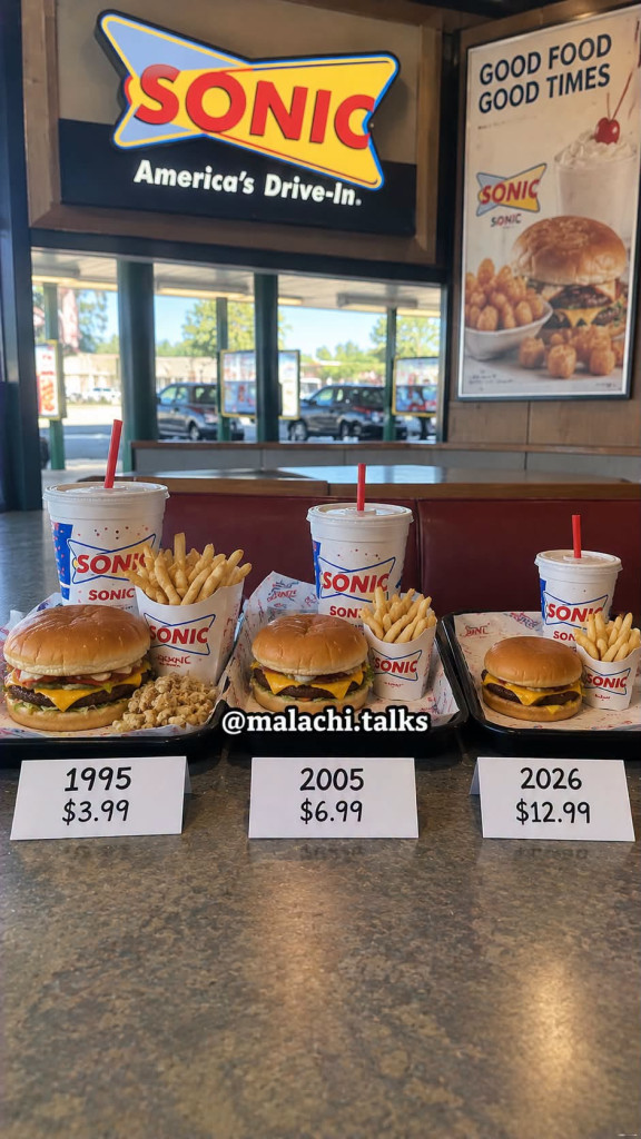 SONIC - vývoj cen hamburgerů s hranolky a nápojem