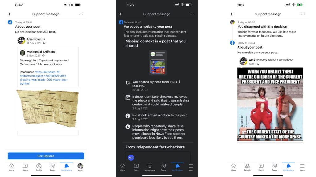 Blokace za vtip o prezidentu Bidenovi, za upozornění, že meteorologové změnili v počasí barvy ze zelené na červenou, a za muzejní artefakt ze 13. století