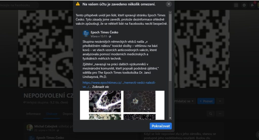 Blokován autor příspěvku za sdílení zjištění německých výzkumníků ohledně anticovidových vakcín