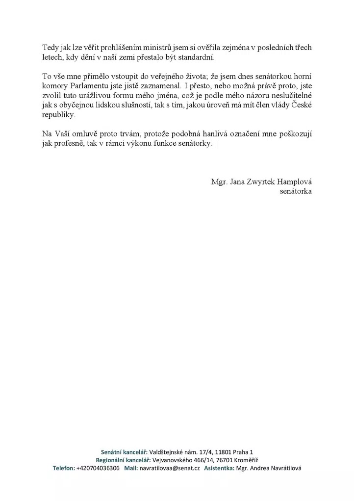 Dopis Jany Zwyrtek Hamplové ministru Vlastimilu Válkovi.